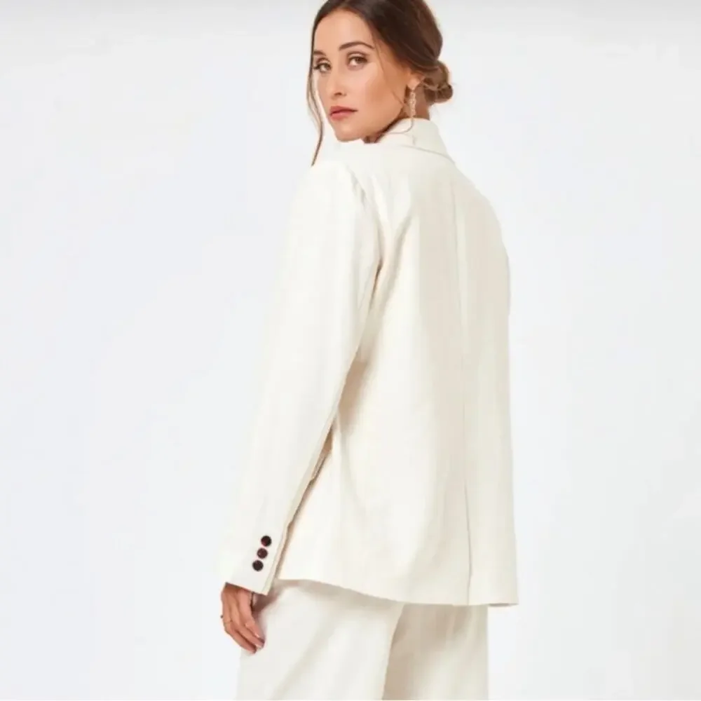 L*Space Women’s Rhodes White Cream Linen Cotton Double Breasted Long Blazer S